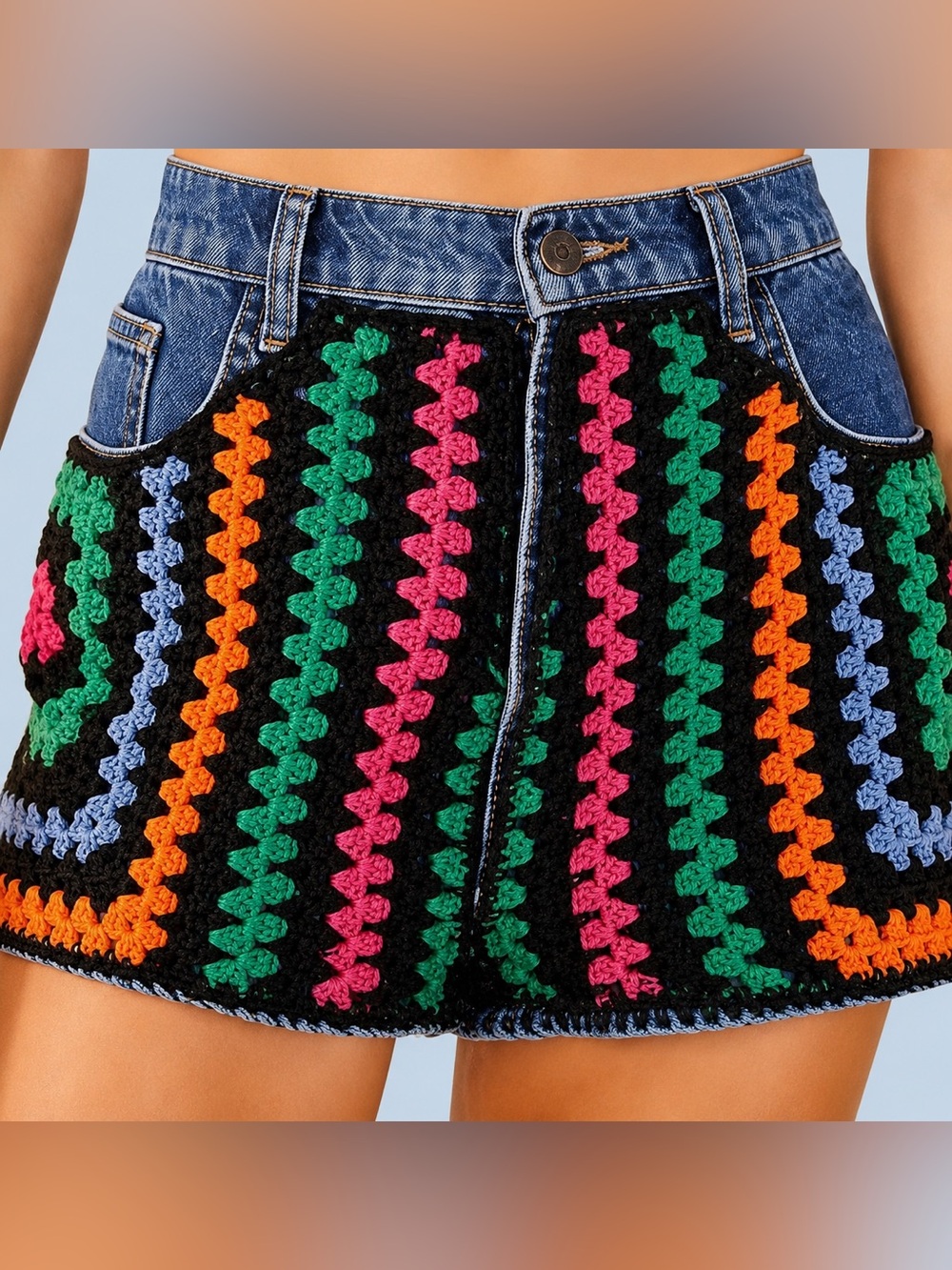 FARM Rio Crochet-Panel Denim Shorts in Black with Green, Pink, Orange, Blue